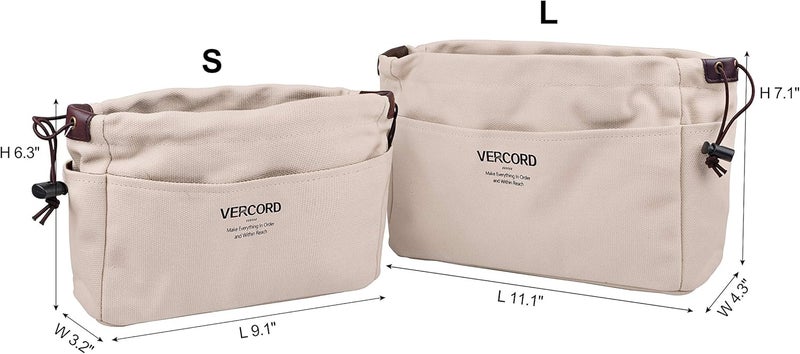 Vercord Canvas Handbag Organizers, Sturdy Purse Insert Organizer Bag in Bag, 10 Pockets Beige Small - Image 2
